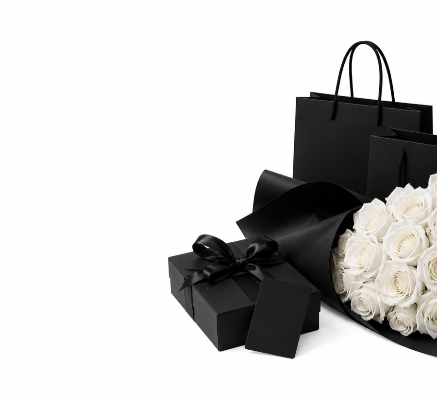 Gift boxes, bouquet, and gift bags